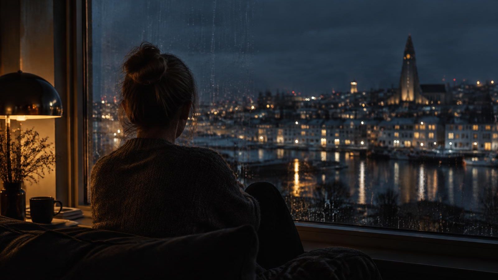 Manneskja horfir út um glugga á regnkvöldi í Reykjavík