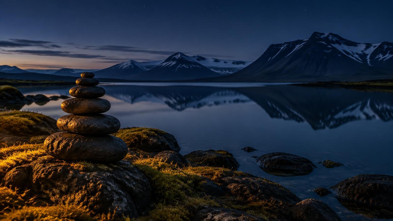 Litlar steinvörður í jafnvægi við kyrrt íslenskt vatn í dimmbláu ljósaskiptunum, upplýstar af hlýrri gylltri birtu