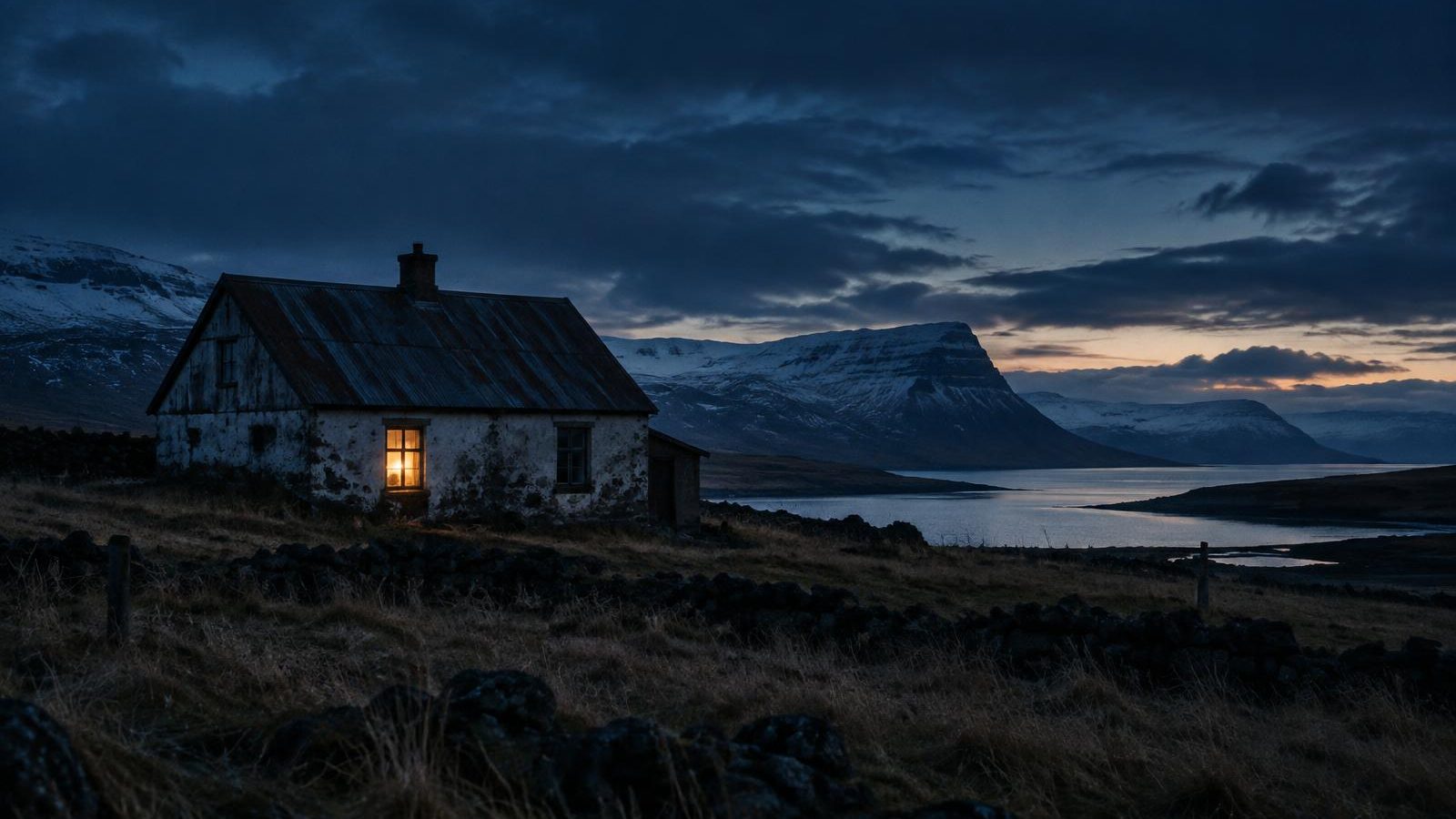 Gamalt hús á íslenskri sveit með eitt upplýst gluggaljós